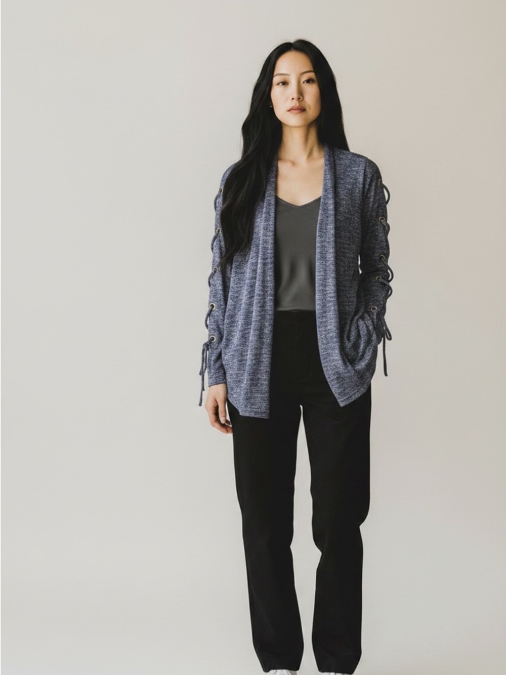 Women’s Self E Gray Marled Open Front Cardigan Sweater Size Medium